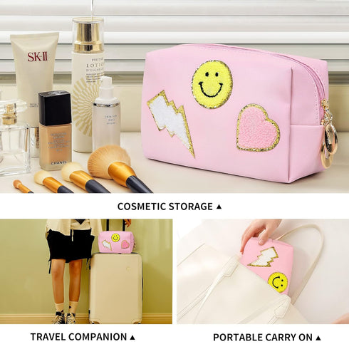 Preppy Patch Makeup Bag,Smile Lightning PU Leather Waterproof Makeup Bag for Girls,Daily Use Preppy Girls Stuff Makeup Bag,Travel Organizer Cosmet...