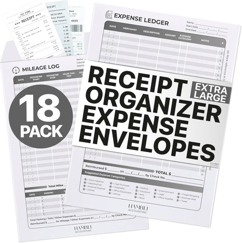 Extra Large Receipt Envelope & Receipts Organizer (Pack of 18) - Efficiently Manage Business Expenses & Log Mileage Trips - 12.8" × 9.0" Inches, G...