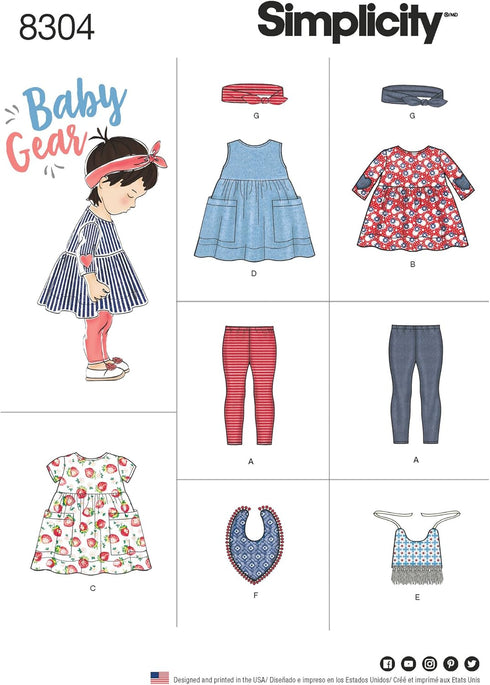 Simplicity US8304A Baby Gear Toddler's Leggings, Dress, Bibs, and Headband Sewing Patterns, Sizes XXS-L...