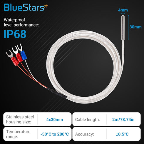 BlueStars RTD PT100 Temperature Sensor Probe - 3-Wire Digital Stainless Steel 4x30mm Temperature Sensor 2m/78.74in Long - Measure Range -50°C to 2...