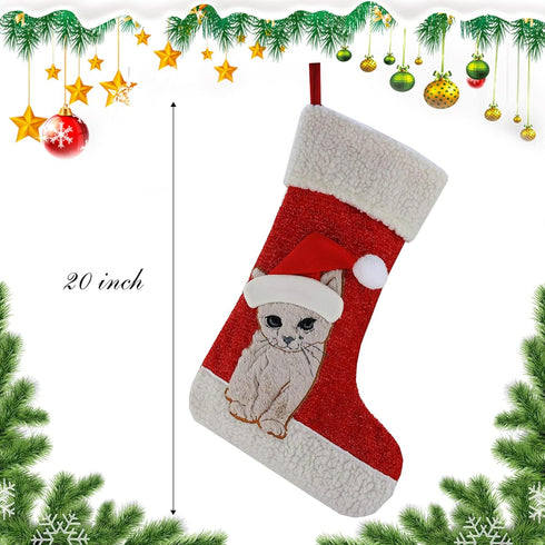WEWILL 20'' Cute Cat Christmas Stockings Embroidered Xmas Socks Holiday Party Pet Theme Gift for Kitty...