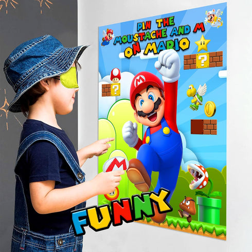 Pin The Moustache &M on The Bros Party Game, Super Brother Game Theme Party Supplies for Wall Decorations, Large High Gloss Waterproof Poster Favo...