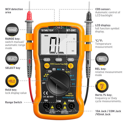 BTMETER BT-39C True RMS Digital Multimeter Auto Ranging for AC DC Voltage,Current, Resistance, Capacitance Tester with Temp Battery LED Test Auto ...