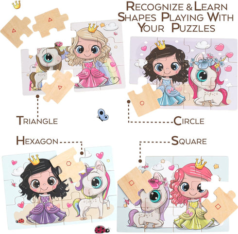 4-in-1 Princess Jigsaw Puzzles for Kids, Wood Puzzles for Kids Ages 3-5 48 Piece Wooden Puzzles for Toddlers 3-5, Wooden puzzles for toddlers, Ess...