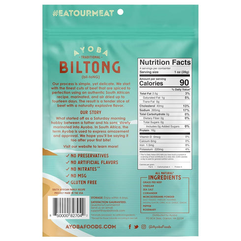 Ayoba Traditional Grass Fed Beef Biltong Slices (4 Ounce, Pack of 1) - Keto Friendly Air-Dried Grass Fed Beef Paleo Snacks - Gluten Free, Whole 30...