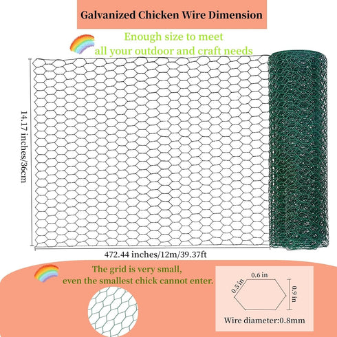 472.4"(39.4ft) x14.2 Chicken Wire Mesh, Anti-Rust Garden Fence Hexagonal Galvanized Poultry Hardware Cloth Fencing, PVC Coated Metal Netting Roll ...