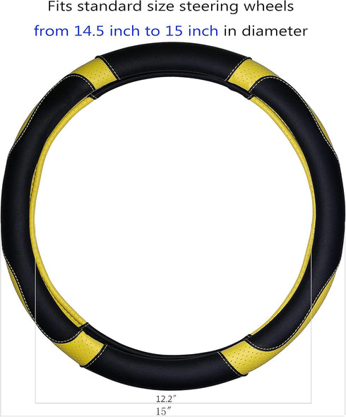 Leather Steering Wheel Cover, Breathable, Anti Slip & Odor Free, Black and Yellow...