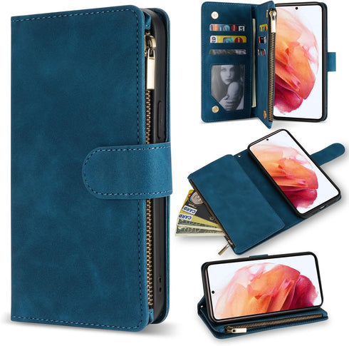 ZZXX for Samsung Galaxy S21 Wallet Case with Card Slot Premium Soft PU Leather Zipper Flip Folio Wallet with Wrist Strap Kickstand Protective for ...