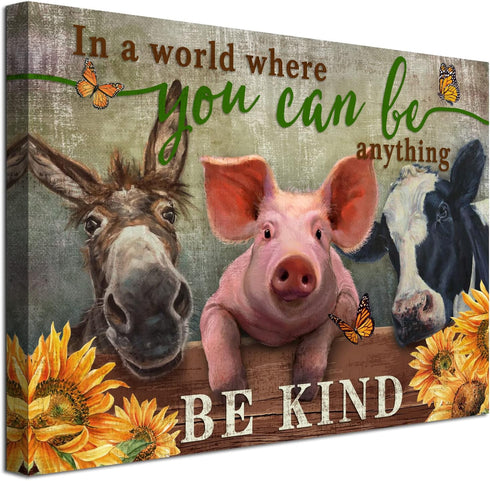 WOWGOOMO Rustic Farm Cow Pig Donkey Wall Art Be Kind Movitational Wall Art for Office Farmhouse Animal Picture Print on Canvas Painting Framed Art...