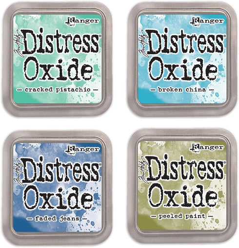 Ranger Tim Holtz Distress Oxide Ink Pads Bundle of 4 Colors - Cracked Pistachio, Broken China, Faded Jeans and Peeled Paint...