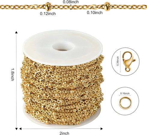 Kyutong 10M Gold Stainless Steel Jewelry Chain in Bulk Beaded Cable Link Chain Roll with Jump Rings and Lobster Clasps for DIY Jewelry Making Supp...