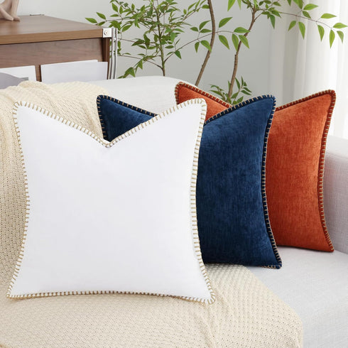 decorUhome Chenille Soft Throw Pillow Covers 18x18 Set of 2, Farmhouse Velvet Neutral Decorative Pillow Covers with Stitched Edge for Couch Sofa B...
