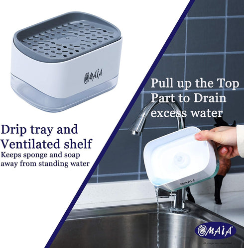 OMAIA 2-in-1 Dish Soap Dispenser with Sponge Holder - Smart Kitchen Gadget - Sink Countertop Organizer...
