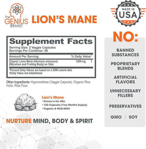 Genius Lions Mane Supplement Capsules - Organic Nootropic Supplement, 1200mg per Serving – 120 Veggie Pills...