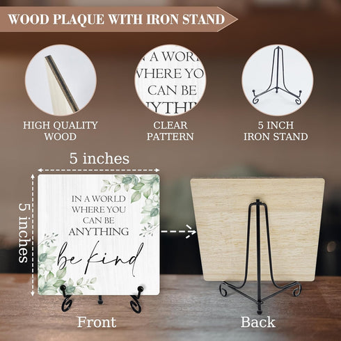 Inspirational Desk Decor, Be Kind Sign With Iron Stand, Motivational Gifts For Women Men Friends, Greenery Wood Sign For Home Office Living Room B...