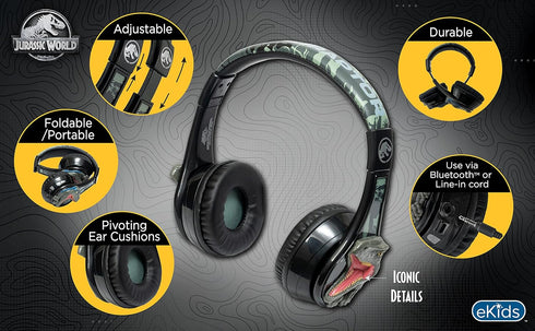 eKids Jurassic World Bluetooth Headphones, Wireless Headphones with Microphone includes Aux Cord, Kids Headphones for School, Home, or Travel...