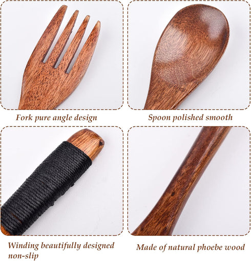 Wooden Cutlery Set, Spoon And Fork Set, Reusable Travel Cutlery Set with Case, Wooden Portable Cutlery Set, Rope Winding Processing, for Lunch, Ca...
