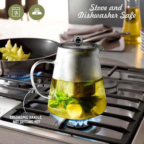 Glass Teapot with Removable Stainless Steel Infuser (32oz / 950ml) - High Borosilicate, Stovetop & Microwave Safe, Heat-Resistant Tea Kettle - Blo...