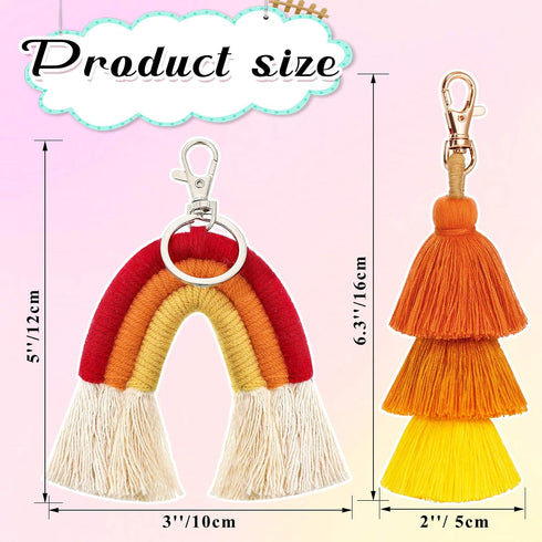 Hicarer 2 Pieces Boho Rainbow Keychains Pom Pom Tassel Macrame Keychains for Women Girls...