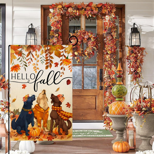 BLKWHT Fall Dogs Garden Flag 12x18 Vertical Double Sided Autumn Leaves Thanksgiving Holiday Outside Decorations Burlap Yard Flag BW506...