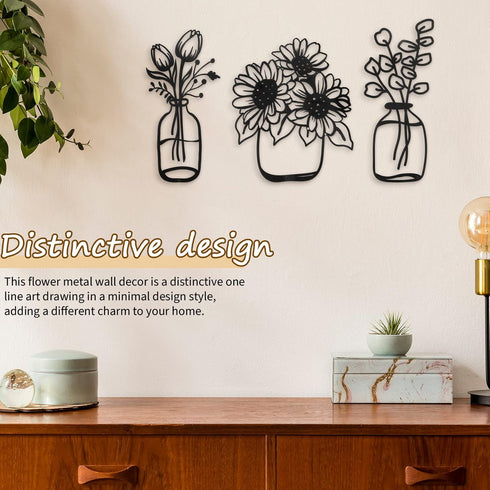 3 Pieces Metal Flower Wall Decor Minimalist Vase Wall Art Black Tulip Wire Iron Decor Floral Wall Sculpture for Kitchen Bathroom Living Room (Deli...