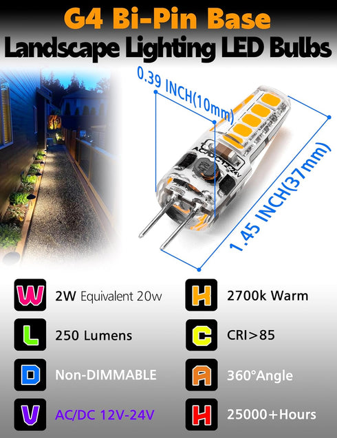 G4 LED Bulb AC/DC 12V-24V JC Type, 20W-30W T3 G4 Halogen Equivalent, 2W 2700K Warm White, G4 Bi-Pin Base, 250LM, Landscape Lighting/Courtyard/Lawn...