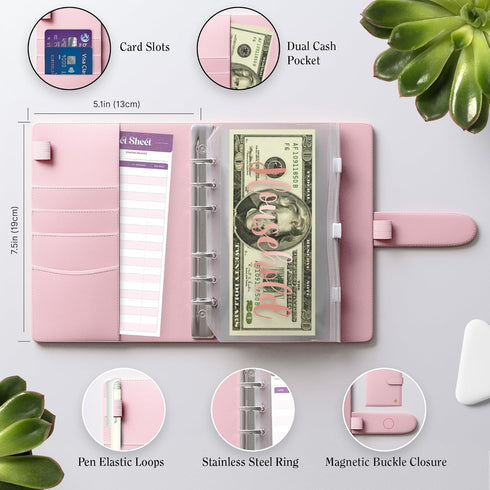 SOUL MAMA Budget Binder with Zipper Envelopes - Pink Money Organizer for Cash, A6 Binder Cash Envelopes for Budgeting, Money Saving Binder with Ro...