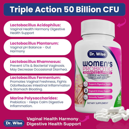 Dr. Wise Probiotics for Women - 50 Billion CFU - Probiotics for Digestive Health, Vaginal Probiotics, Urinary & Gut Health, Acidophilus, Reuteri, ...