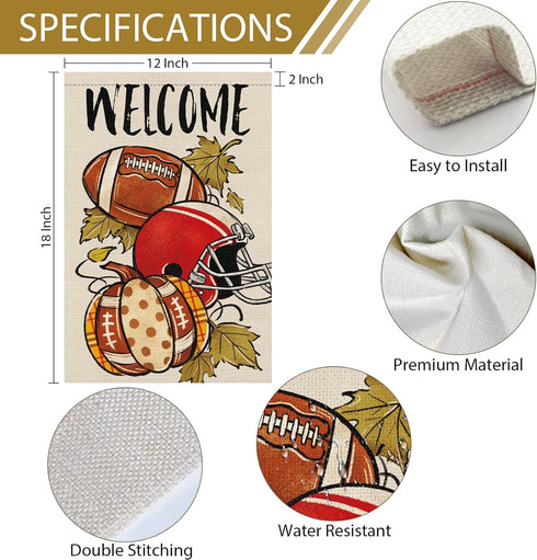 Fall Football Welcome Garden Flag 12 x 18 Inch Vertical Double Sided Burlap, Autunm Pumpkin Sports Game Day Flag for Yard Thanksgiving Holiday Out...