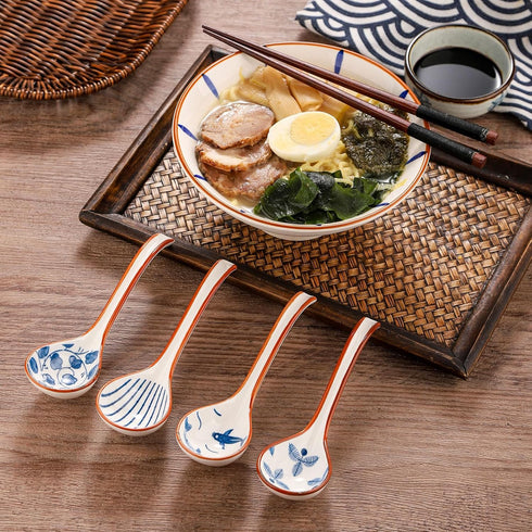 WHJY Asian Soup Spoon, Ceramic Ramen Spoon, Ramen Soup Spoon, Chinese Ceramic Spoons, Miso Soup Spoons Dumpling - Set of 4 Fish...