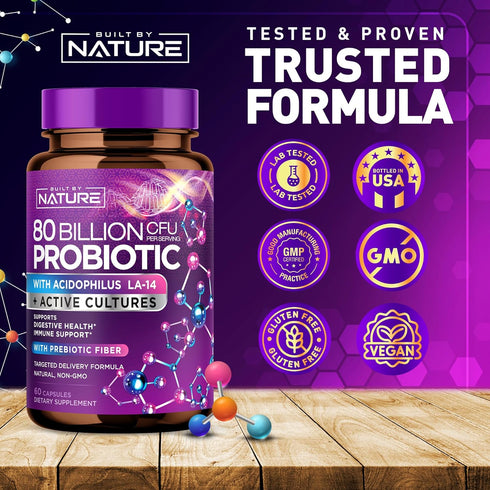 80 Billion CFU Probiotic - Daily Digestive Gut Health Supplement for Men & Women - Lactobacillus acidophilus, Bifidobacterium & Prebiotics - Non-G...