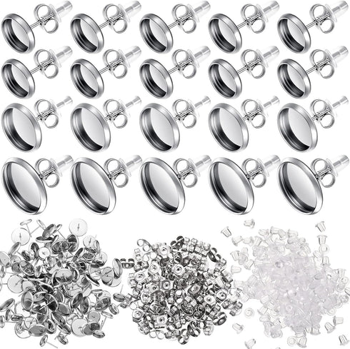 Hicarer 500 Pcs Earring Studs for Jewelry Making Blank Stud Earring with Post Kit 12 mm 10 mm 8 mm Cabochon Earring Bezels for Jewelry Making...