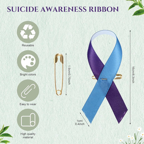 Hanaive 300 Pcs Suicide Prevention Awareness Purple Blue Ribbons Pins Wired Fabric Ribbons with Safety Pins Lapel Pin Satin Ribbon for Charity Pub...