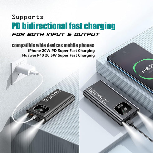 Portable Charger 20000 mAh Power Bank PD 20W Fast Charging Portable Charger LED Mirror Display Screen Slim Portable Phone Charger for iPhone 14/13...