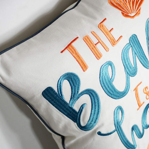 Embroidered The Beach is My Happy Place Throw Pillow Cover,Square 18 inches Decorative Canvas Pillow Cover with The Beach is My Happy Place Patter...