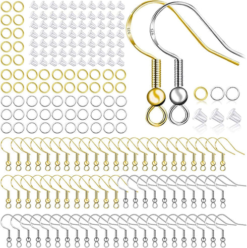 Hypoallergenic Earring Hooks 150 PCS/75 Pairs, Silver Plated Ear Wires Fish Hooks,500pcs Earring Making Kit with Jump Rings and Clear Silicone Ear...
