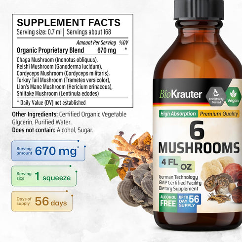 BIO KRAUTER 6 Mushrooms Supplement 6-in-1 - Lions Mane, Shiitake,Turkey Tail, Cordyceps, Reishi & Chaga Liquid Extract - Mushroom Complex Tincture...