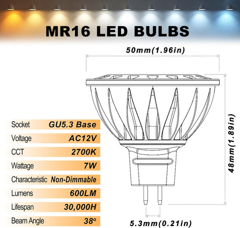 ALIDE MR16 7W Led Bulbs Replace 50W-75W Halogen, GU5.3 MR16 2700K Warm White,12V Low Voltage MR16 Bulb Spotlight for Outdoor Landscape Flood Track...