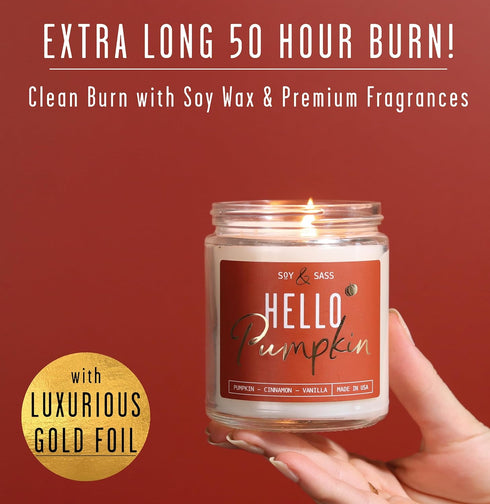 Fall Candles, Pumpkin Candle - 'Hello Pumpkin' Soy Pumpkin Spice Candle I Infused with Essential Oils I Fall Candle Decor, Fall Scented Candle I 9...