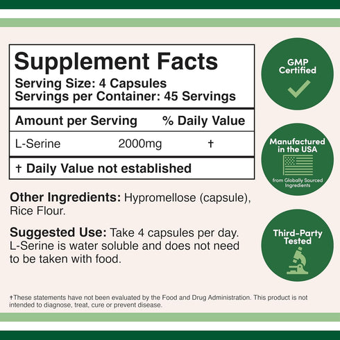L-Serine Capsules (Third Party Tested) - 2,000mg Servings Used in Clinical Study, 180 Count, 500mg per Capsule (L Serine Amino Acid for Serotonin ...