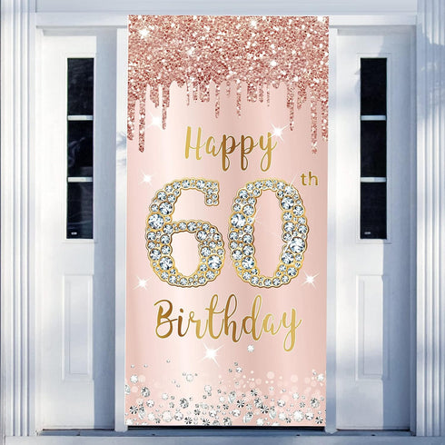 60th Birthday Door Banner Decorations for Women, Pink Rose Gold Happy 60th Birthday Door Cover Backdrop Party Supplies, Large Sixty Year Old Birth...
