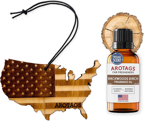 Arotags Reusable Wood Car Air Freshener, Backwoods Birch Scent, USA Flag Design, Hanging Diffuser with Fragrance Oil Refill...