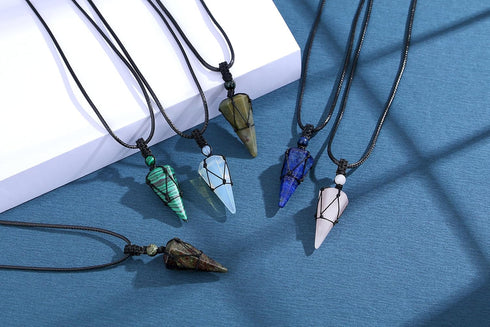 XIANNVXI Healing Crystal Stone Pointed Necklace Adjustable Black Rope Natural Gemstone Pendant Necklaces Jewelry for Men Women...