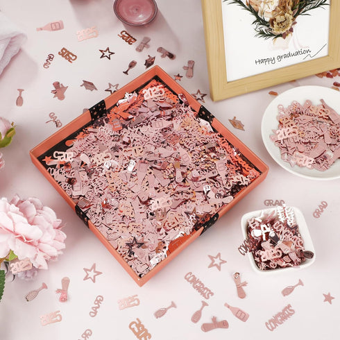 Konsait 2025 Rose Gold Graduation Confetti, 2 Oz/ 1700+ Pieces Graduation Table Decorations Congrats Stars 2025 Cap Goblet Diploma Confetti for Bi...