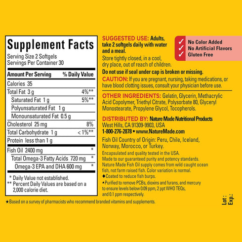 Nature Made Burp Less Fish Oil 1200 mg, Fish Oil Supplements, Omega 3 Fish Oil for Healthy Heart Support, Omega 3 Supplement with 60 Softgels, 30 ...