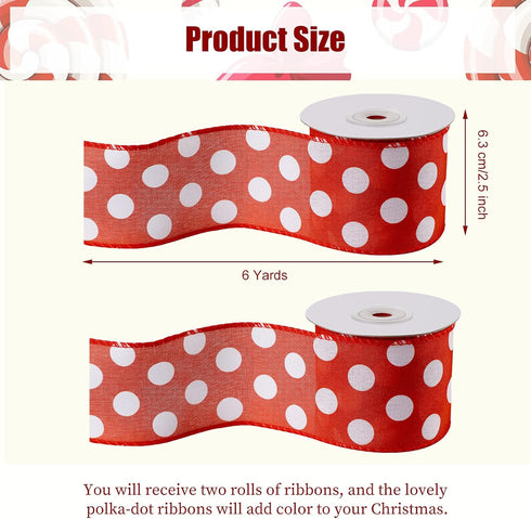 2 Rolls Polka Dot Wired Edge Ribbons 12 Yards 2.5 Inch Wide Grosgrain Polka Dot Craft Ribbon for Christmas Hair Bows Gifts Wrapping Floral Craft H...