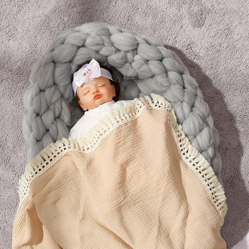 insular Cotton Muslin Baby Blanket with Tassel, Boho Bohemian Muslin Swaddle Blanket Baby Receiving Blanket with Fringe, Nursery Decor Throw or Nu...