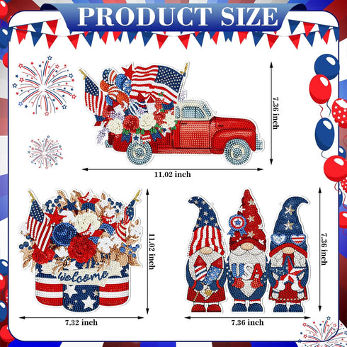 Memorywuu 3 Pcs 4th of July Diamond Art Kits Patriotic Diamond Painting Hanging Door Sign DIY Memorial Day Diamond Wall Decor Gnome Diamond Art Ad...