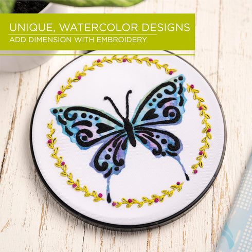 Bucilla Watercolor 6" Stamped Embroidery Kit, Kaleidoscope Butterfly, Includes 4-Color Printed Fabric, 6" Hoop, Embroidery Floss, Needle, and Inst...
