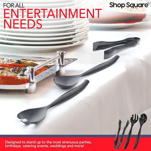 Disposable Plastic Serving Utensils - Set of 18 Black Plastic Utensils, 6 Each 6" Serving Tongs, 10” Serving Spoons, 10” Serving Forks, Buffet Ser...